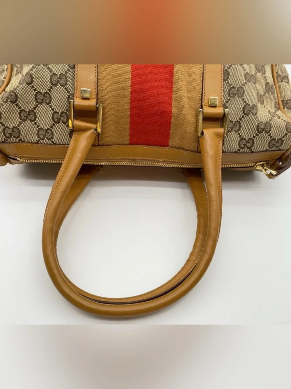 Gucci Brown MINI BOSTON BAG Monogram Satchel Sherry line Stripe perfect size!